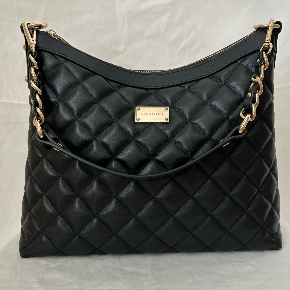 St. John Black Quilted Leather Shoulder Bag with Chainlink Straps